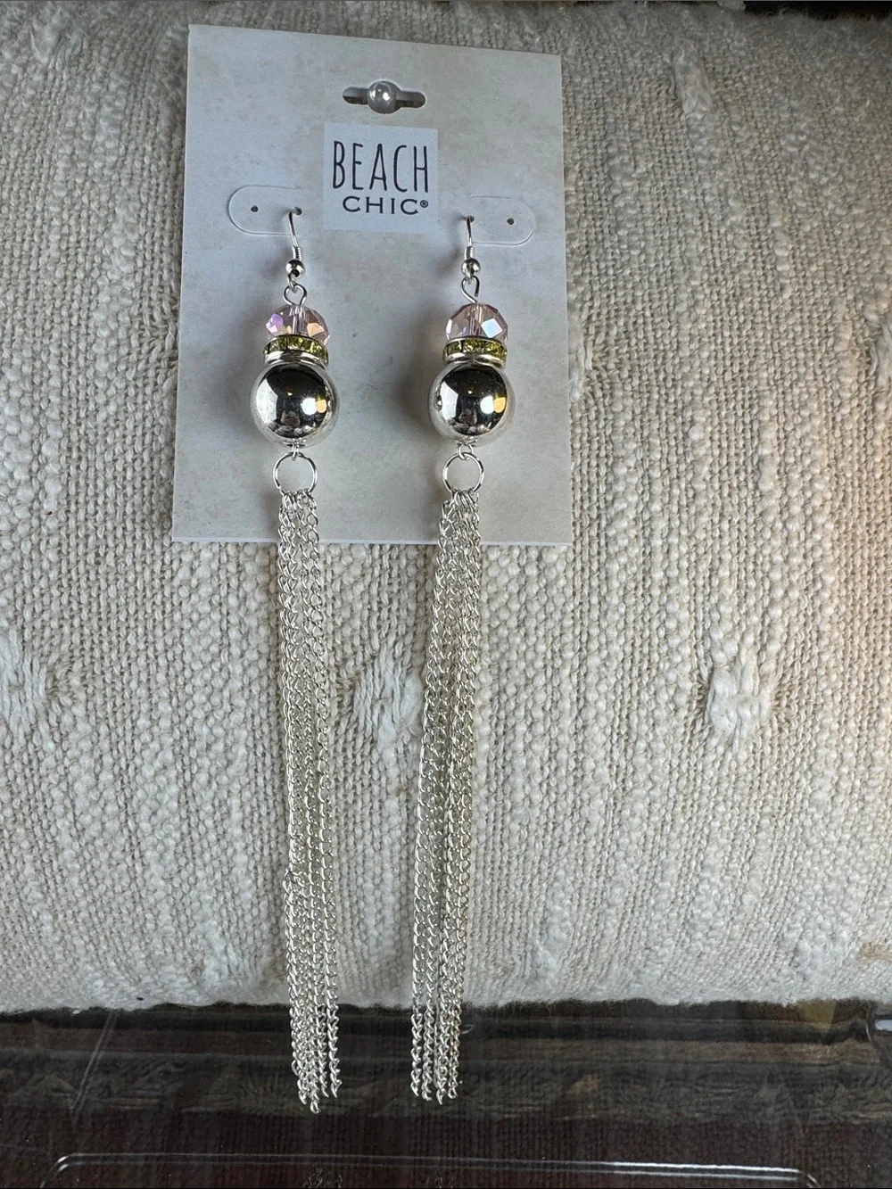 0548- Beach Chic Silver Tassel Drop Earrings with Pink‎ Accent